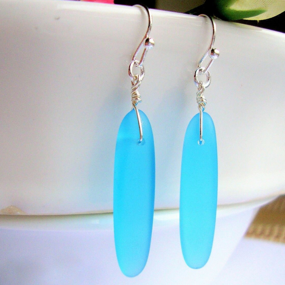 Long Caribbean Blue SEA GLASS Dangle Earrings